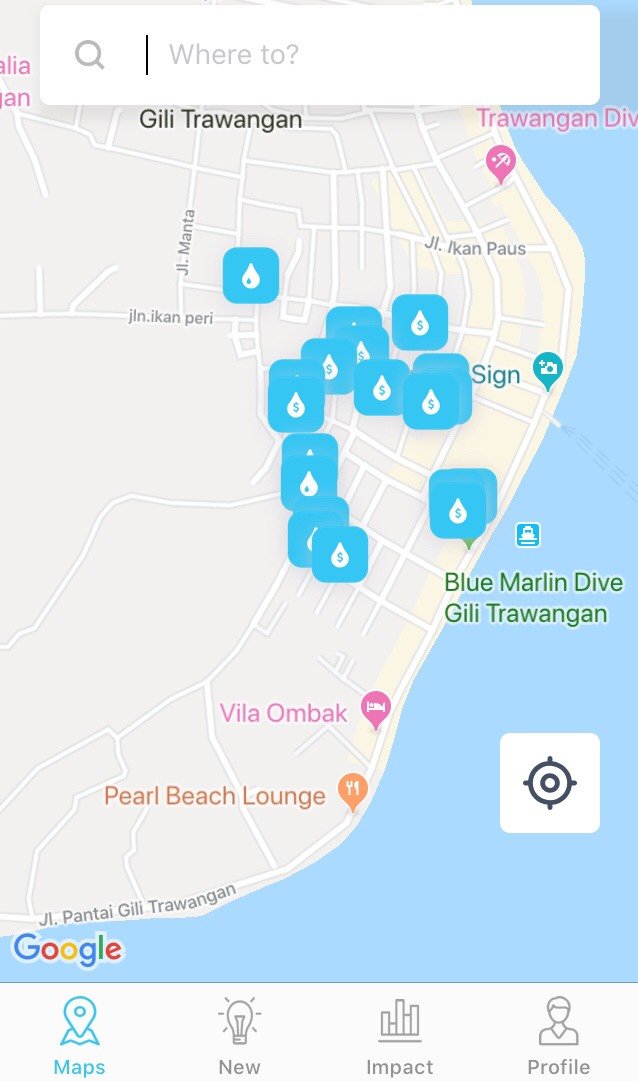 Re Fill My Bottle App, showing where bottle taps are in Canggu, Bali. 