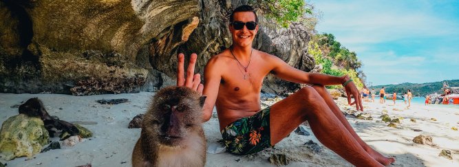 Guy sitting on Beach with Monkey giving Peace Sign on Monkey Beach Koh Phi Phi Thailand