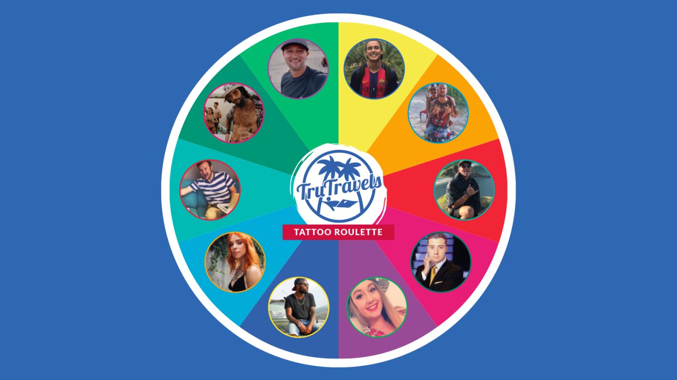 A rainbow spin the wheel graphic with members of the TruCrew's faces 
