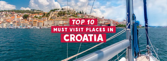A banner of Top 10 Must Visit Places In Croatia with a background of image of the sail boat cruising Croatia 