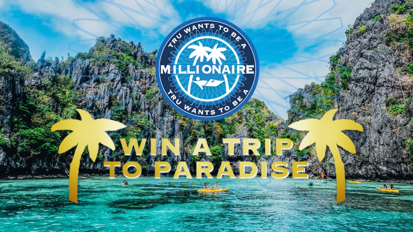 Win a Trip To Paradsie with Tru Wants to Be A Millionaire logo above with sea and islands in the background