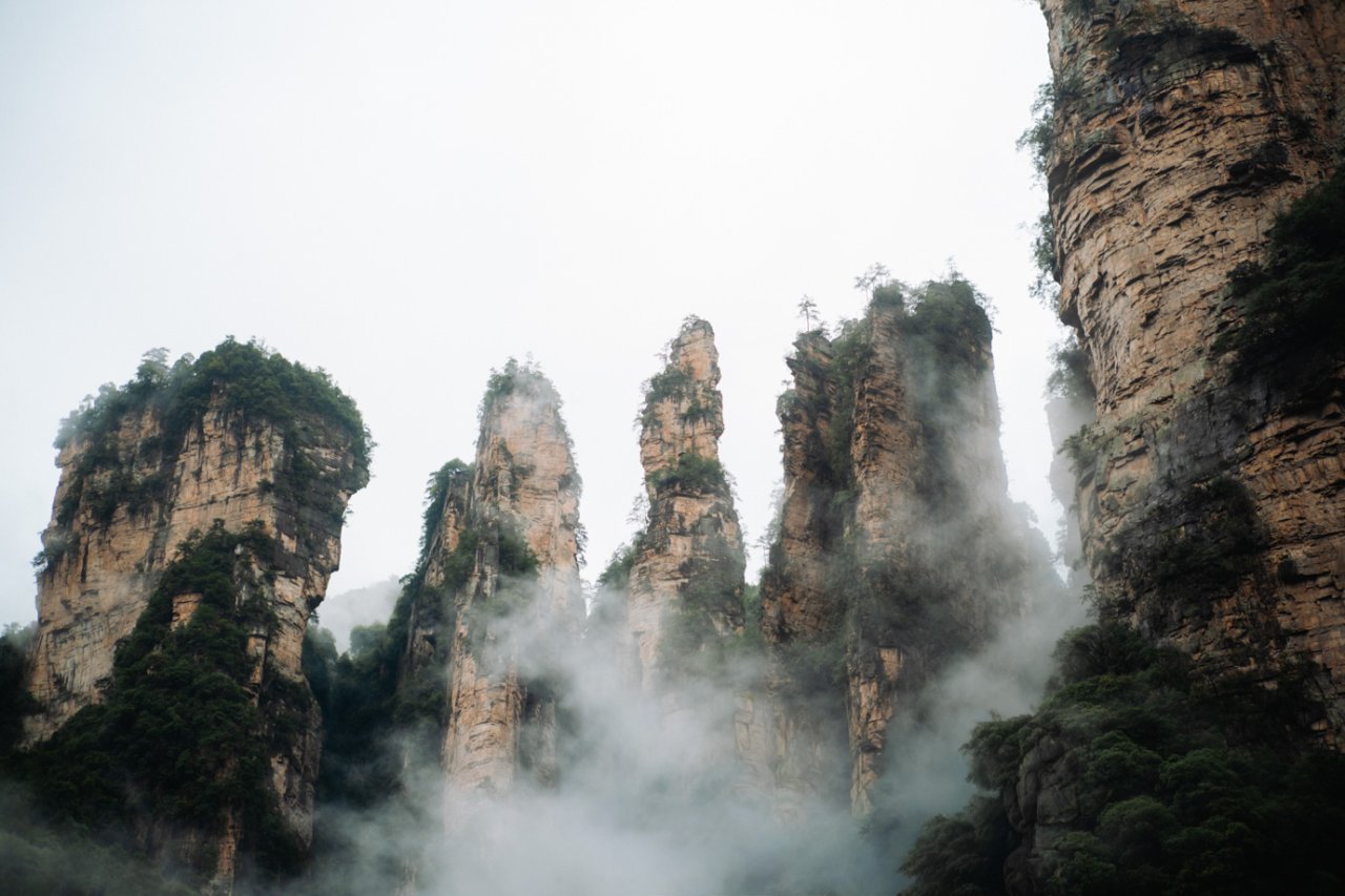 Towering sandstone pillars wrapped in mist in Zhangjiajie, the Avatar Mountains of China