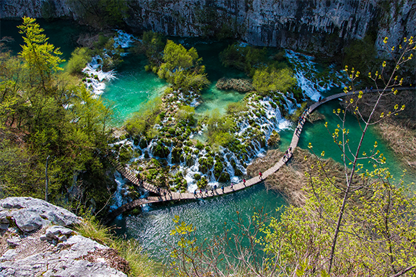 Birds eye view of the waterfalls at Plitvice National Park in Croatia