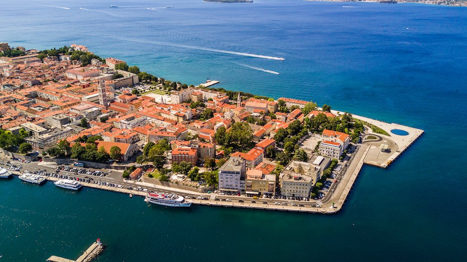 An aerial view of Zadar, Croatia, showing the picturesque town and the bright and deep blue sea