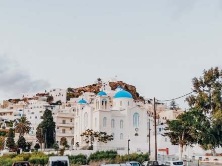 A view of the white and blue church in Ios town, Greece