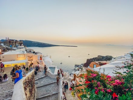 The stunning and well-known sunset at Oia, Santorini, Greece