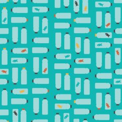 Graphic with turquoise background covered in water bottles 