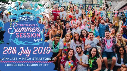 Large group of people at summer party with text on the right side ' summer session 28th July 2019