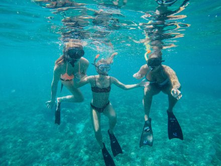 three people snorkelling underwater  Indonesia