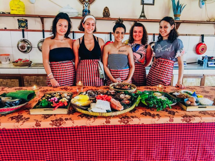 A group of five girls at the traditional cooking class in Ubud, Bali, Indonesia 