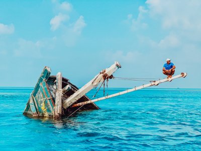 A shot of the top of the ship wreck in the sea in the Maldives 