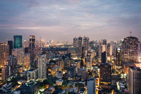 A scenic view of the city sky line in Bangkok, Thailand just before night fall