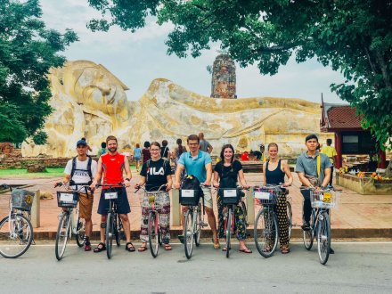 A group photo on the bikes at Ayutthaya Historical Park in Thailand
