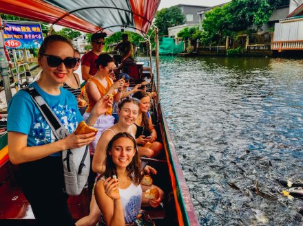A group shot on the river cruise in Bangkok Thailand 
