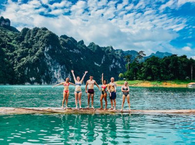 A picturesque group photo at Khao Sok national park by the floating bungalows