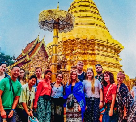 A group photo at the temple Wat Phra Singh in Chiang Mai Thailand 